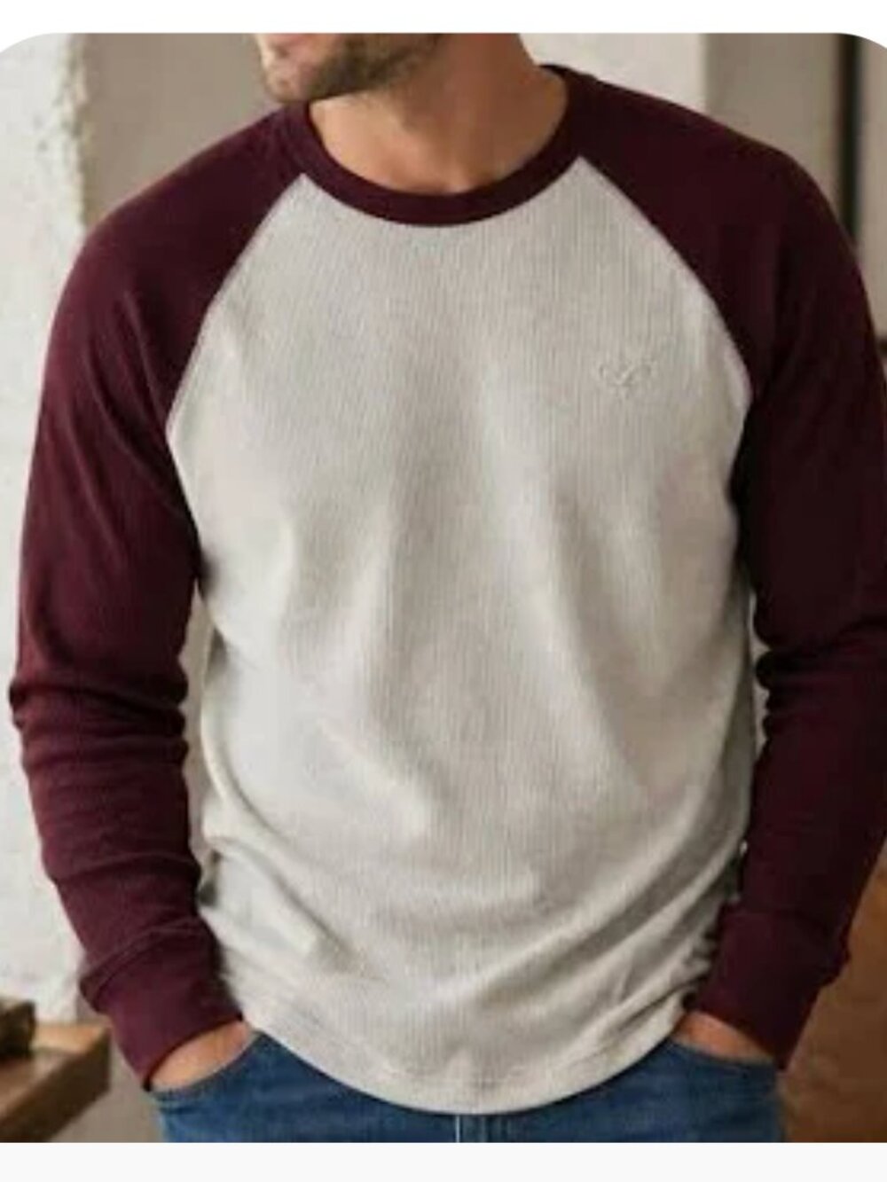 American Eagle waffle knit raglan henley shirt - maroon and cream/white
